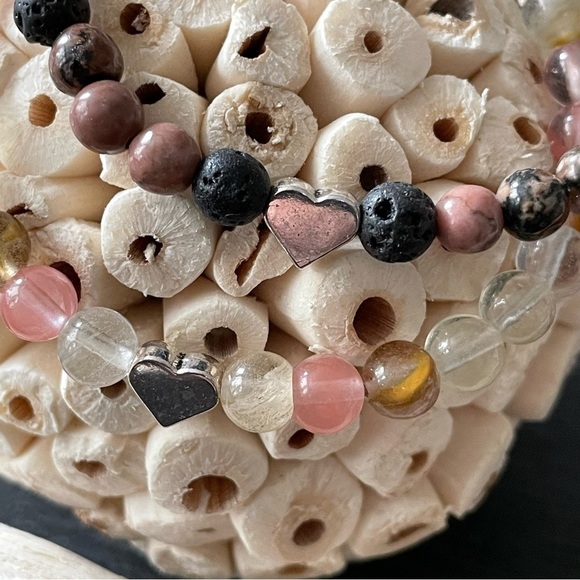 Pink and Black Natural Stone Beaded Bracelet Pink Tourmaline Lava Rhodonite - Picture 3 of 10